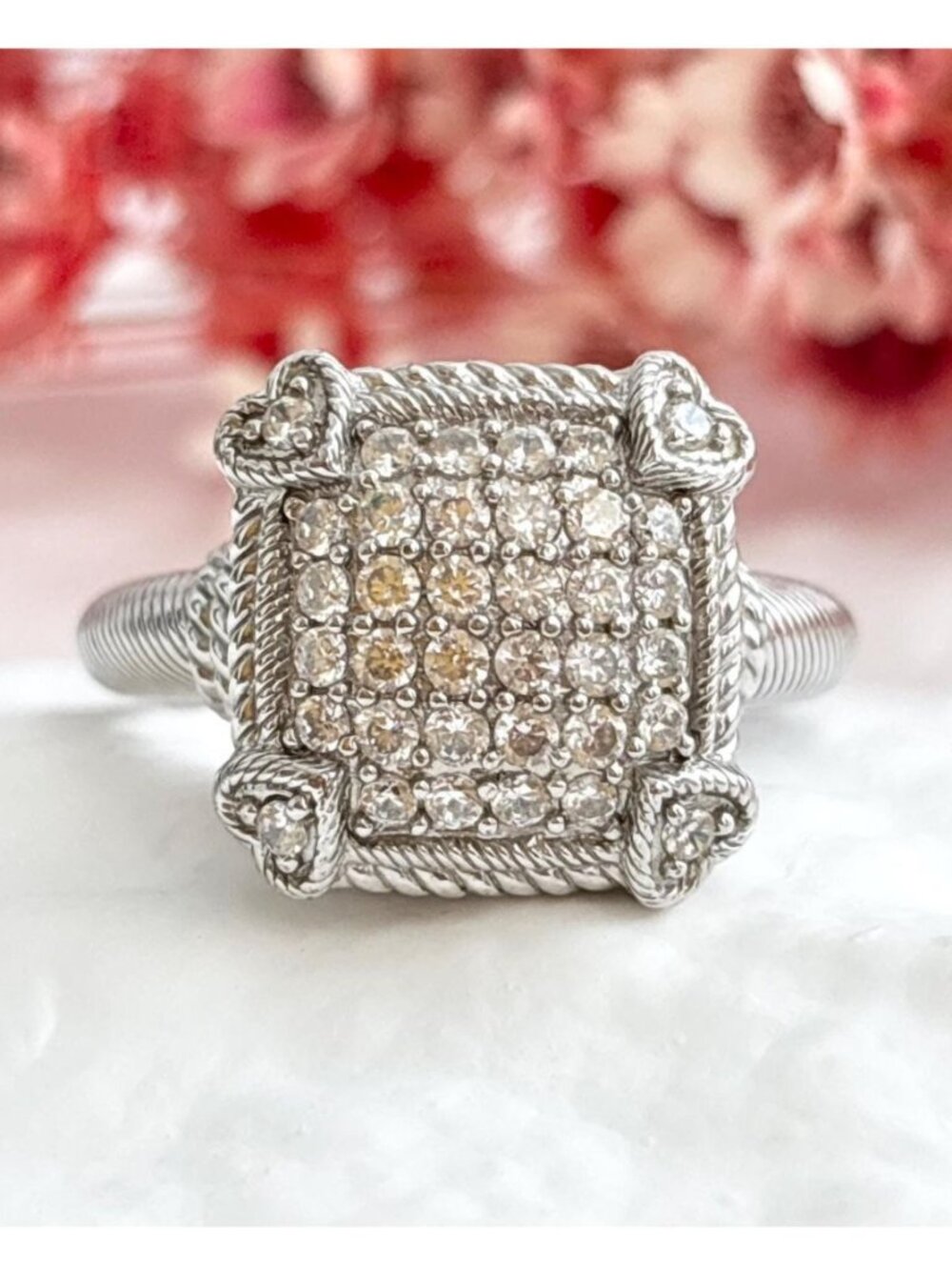 Judith Ripka Diamonique CZ Square Head Sterling Silver 925 Vintage Ring - sz 10